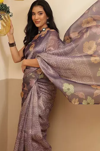 Violet printed tissue traditional saree with blouse piece