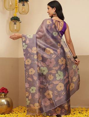 Violet printed tissue traditional saree with blouse piece 3