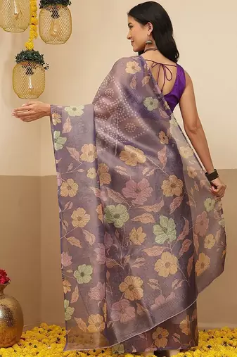 Violet printed tissue traditional saree with blouse piece