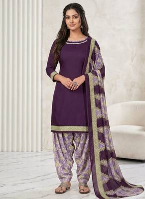 Purple printed cotton blend stitched geometric print salwar kurta dupatta for women 1