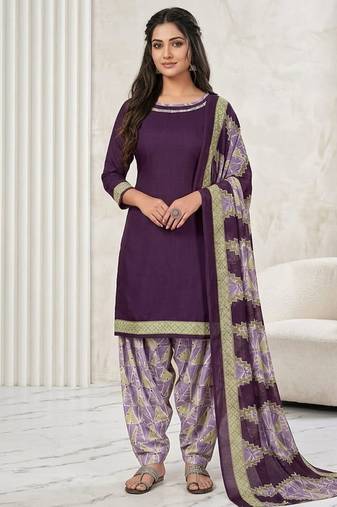 Purple printed cotton blend stitched geometric print salwar kurta dupatta for women