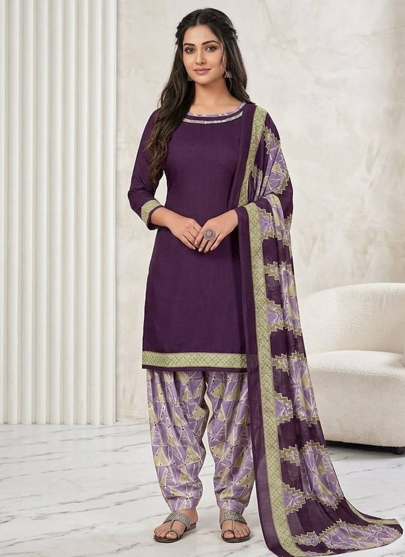 Purple printed cotton blend stitched geometric print salwar kurta dupatta for women