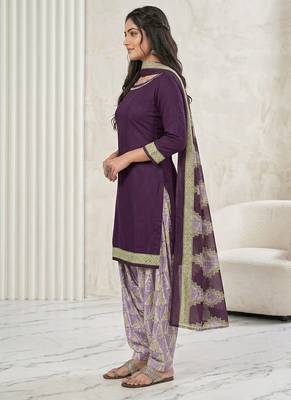 Purple printed cotton blend stitched geometric print salwar kurta dupatta for women 2