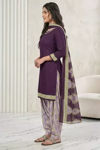 Purple printed cotton blend stitched geometric print salwar kurta dupatta for women