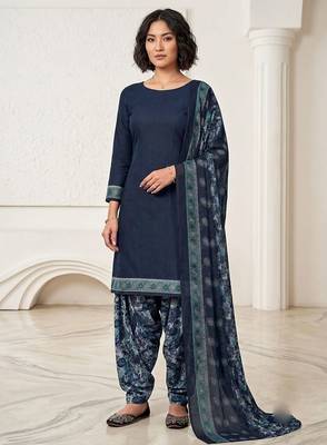 Blue printed cotton blend stitched floral print salwar kurta dupatta for women 1