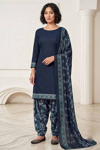 Blue printed cotton blend stitched floral print salwar kurta dupatta for women