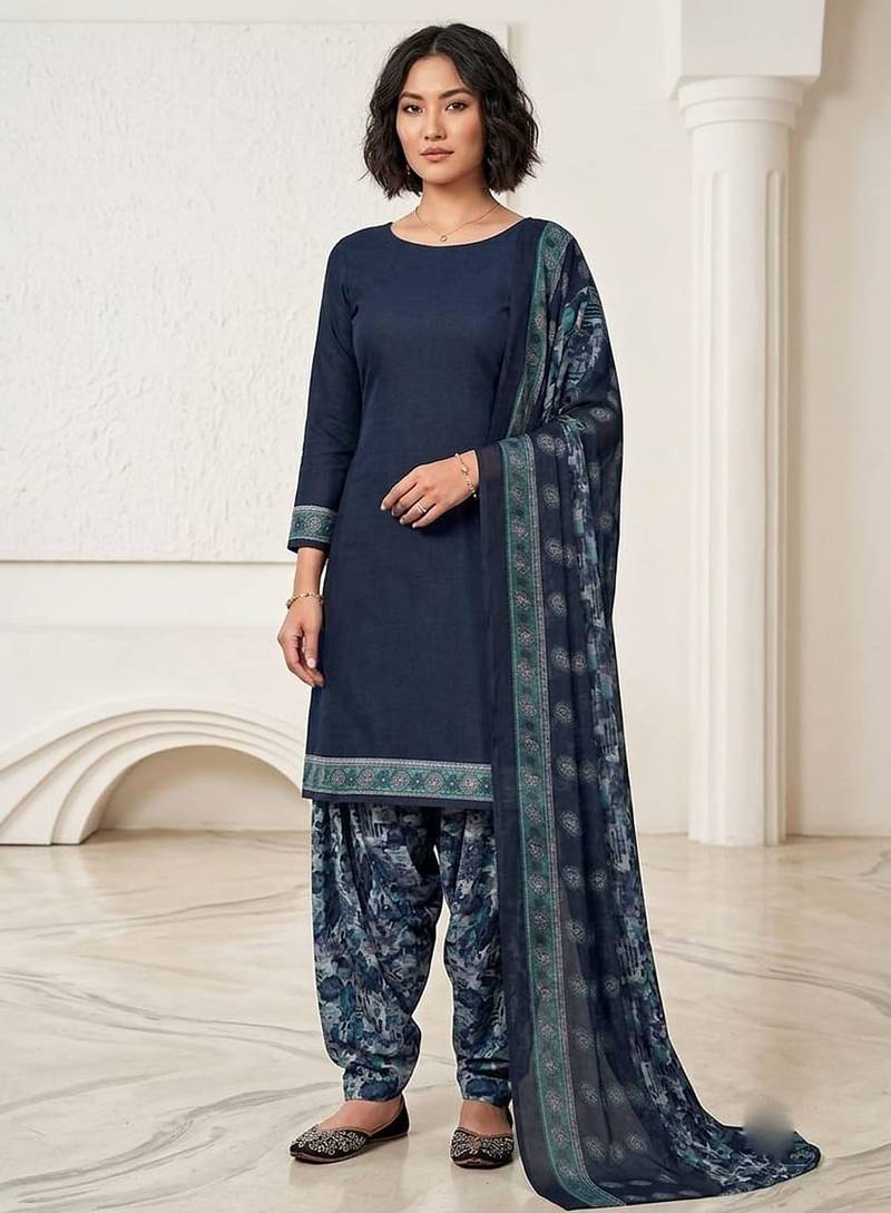 Blue printed cotton blend stitched floral print salwar kurta dupatta for women