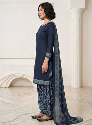 Blue printed cotton blend stitched floral print salwar kurta dupatta for women 2