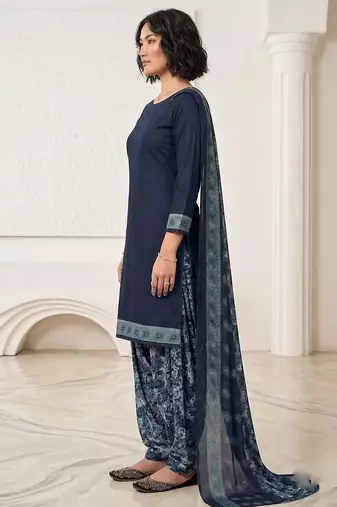 Blue printed cotton blend stitched floral print salwar kurta dupatta for women