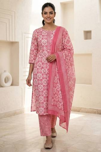 Pink printed cotton blend stitched geometric print salwar kurta dupatta for women