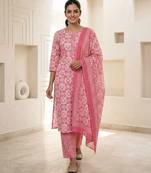 Pink printed cotton blend stitched geometric print salwar kurta dupatta for women