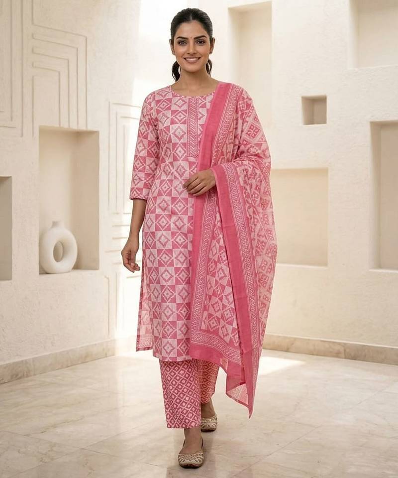 Pink printed cotton blend stitched geometric print salwar kurta dupatta for women