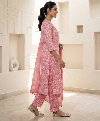 Pink printed cotton blend stitched geometric print salwar kurta dupatta for women 2