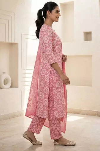 Pink printed cotton blend stitched geometric print salwar kurta dupatta for women