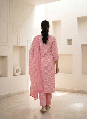 Pink printed cotton blend stitched geometric print salwar kurta dupatta for women 3