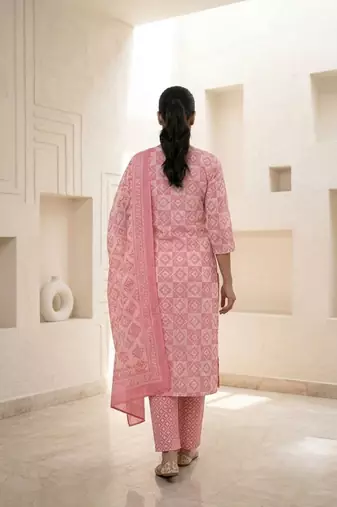 Pink printed cotton blend stitched geometric print salwar kurta dupatta for women