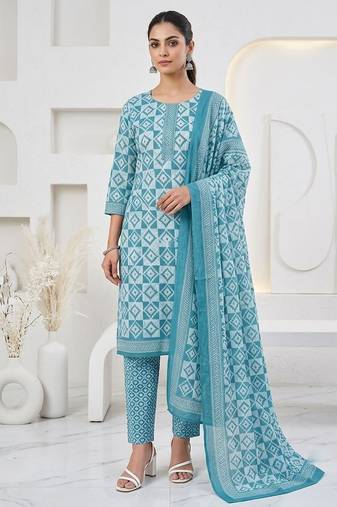 Blue printed cotton blend stitched geometric print salwar kurta dupatta for women