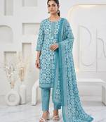 Blue printed cotton blend stitched geometric print salwar kurta dupatta for women