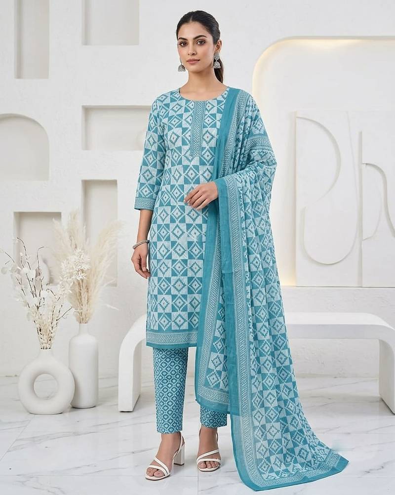 Blue printed cotton blend stitched geometric print salwar kurta dupatta for women