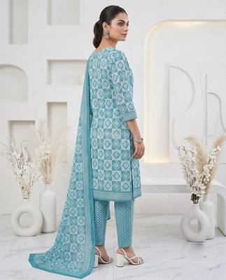 Blue printed cotton blend stitched geometric print salwar kurta dupatta for women 2
