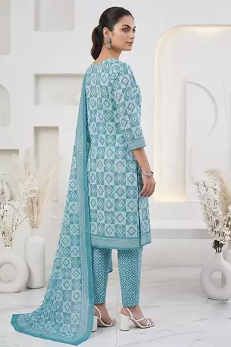 Blue printed cotton blend stitched geometric print salwar kurta dupatta for women