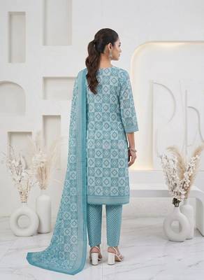 Blue printed cotton blend stitched geometric print salwar kurta dupatta for women 3