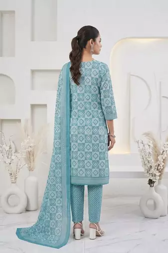 Blue printed cotton blend stitched geometric print salwar kurta dupatta for women