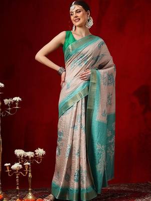 Beige printed art silk ethnic saree with blouse piece 1