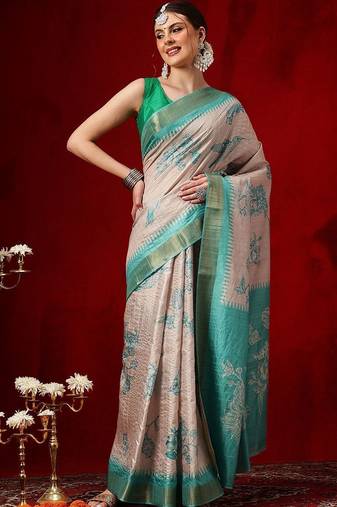Beige printed art silk ethnic saree with blouse piece