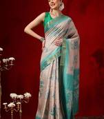 Beige printed art silk ethnic saree with blouse piece