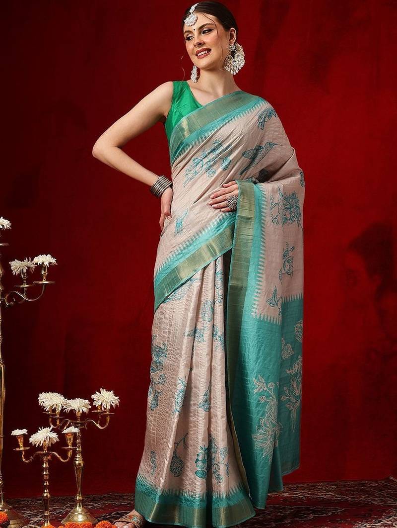 Beige printed art silk ethnic saree with blouse piece