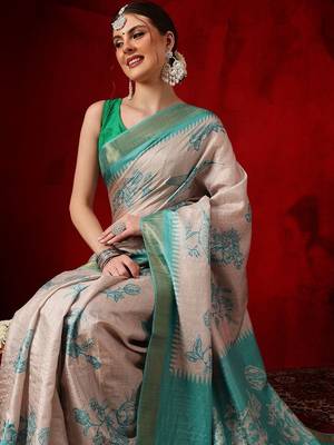 Beige printed art silk ethnic saree with blouse piece 2