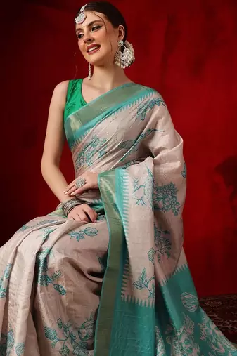 Beige printed art silk ethnic saree with blouse piece