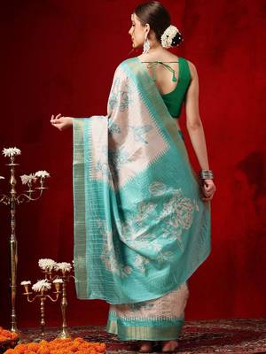 Beige printed art silk ethnic saree with blouse piece 3