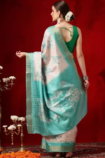 Beige printed art silk ethnic saree with blouse piece