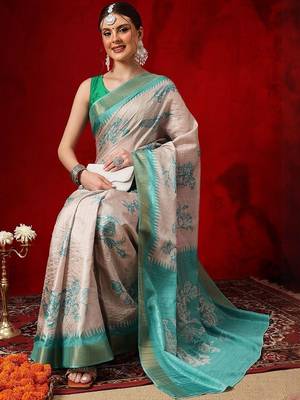 Beige printed art silk ethnic saree with blouse piece 4