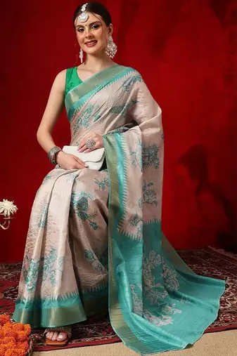 Beige printed art silk ethnic saree with blouse piece