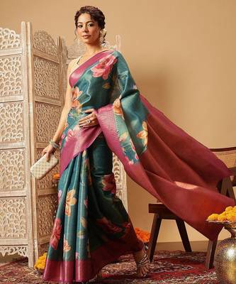 Teal printed tissue traditional saree with blouse piece 2