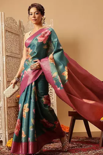 Teal printed tissue traditional saree with blouse piece