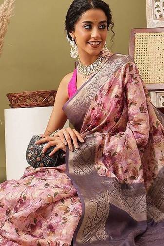 Pink printed cotton blend ethnic saree with blouse piece