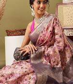 Pink printed cotton blend ethnic saree with blouse piece