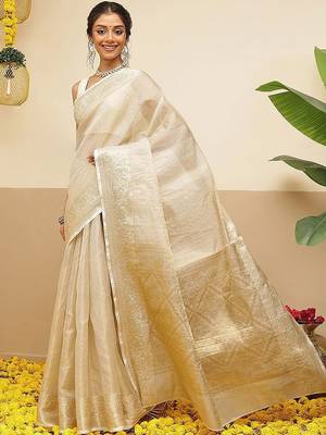 off white woven tissue saree with blouse 1