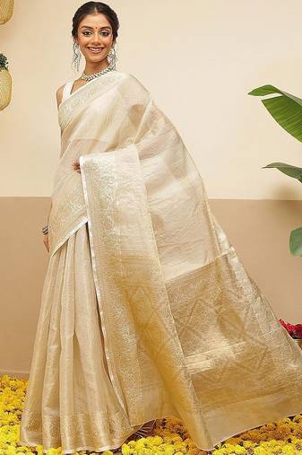 Off white woven tissue party wear saree with blouse piece