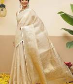 Off white woven tissue party wear saree with blouse piece