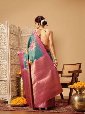 Teal printed tissue traditional saree with blouse piece 3