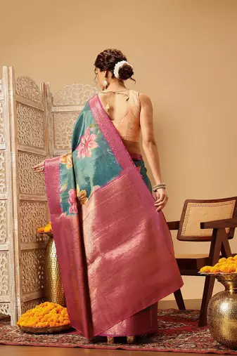 Teal printed tissue traditional saree with blouse piece