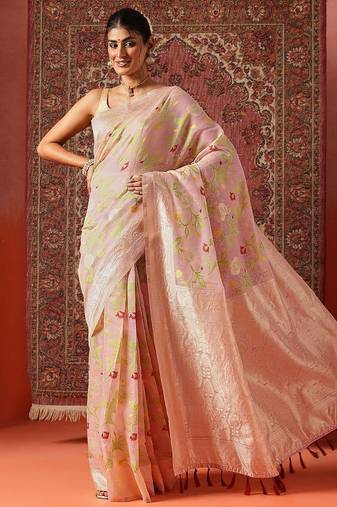 Pink printed cotton blend ethnic saree with blouse piece