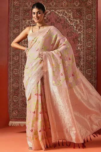 Pink printed cotton blend ethnic saree with blouse piece