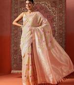 Pink printed cotton blend ethnic saree with blouse piece