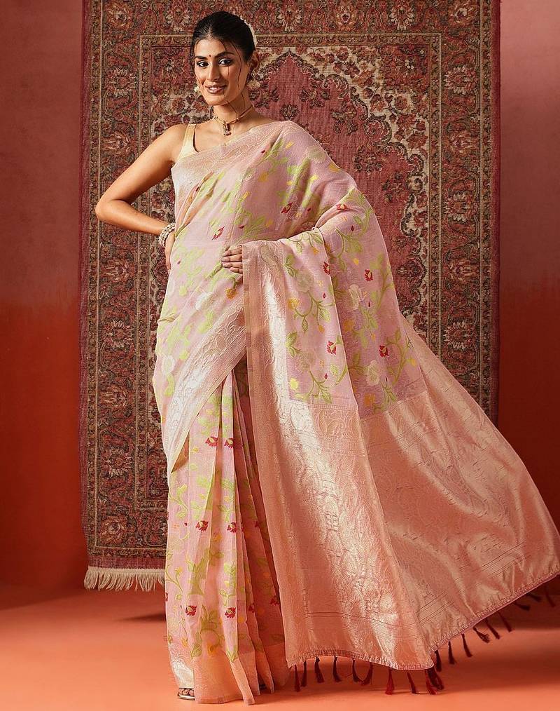 Pink printed cotton blend ethnic saree with blouse piece